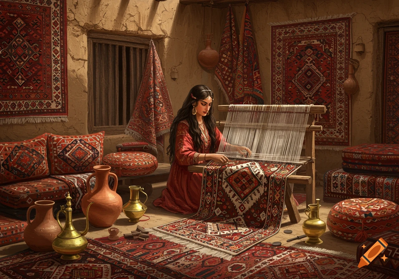 A woman with long dark hair in a red dress weaves an intricate red and white rug on a loom in a room filled with traditional Balochi rugs, cushions, and ornate brass and clay pots.