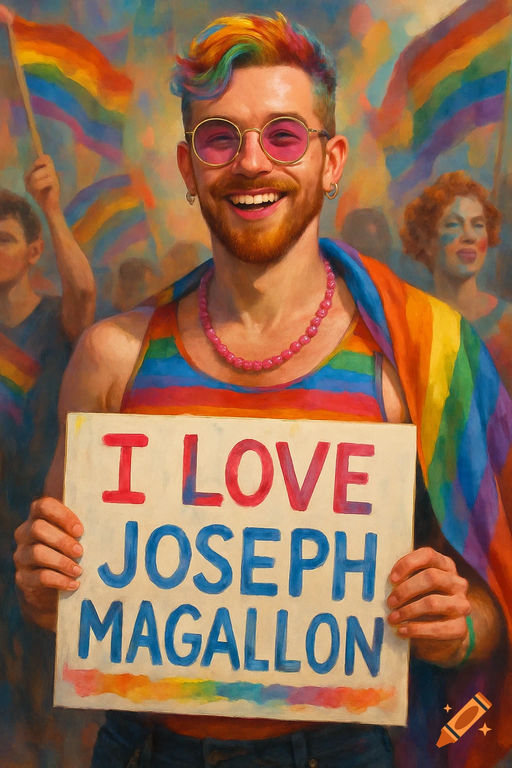 A smiling man with rainbow hair, glasses, and a rainbow top holds a sign saying "I LOVE JOSEPH MAGALLON" at a vibrant pride parade.