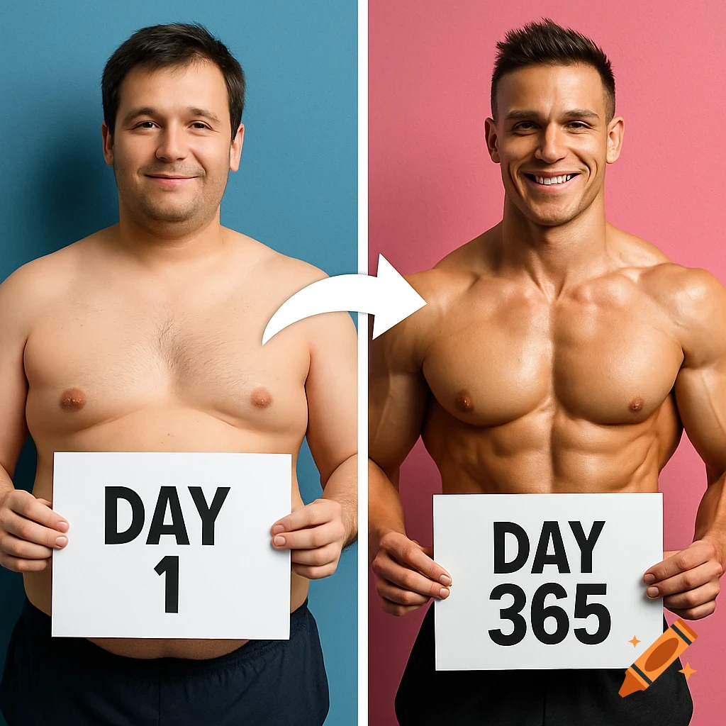 Split-screen image of a man's body transformation from overweight to muscular, holding 'DAY 1' and 'DAY 365' signs.