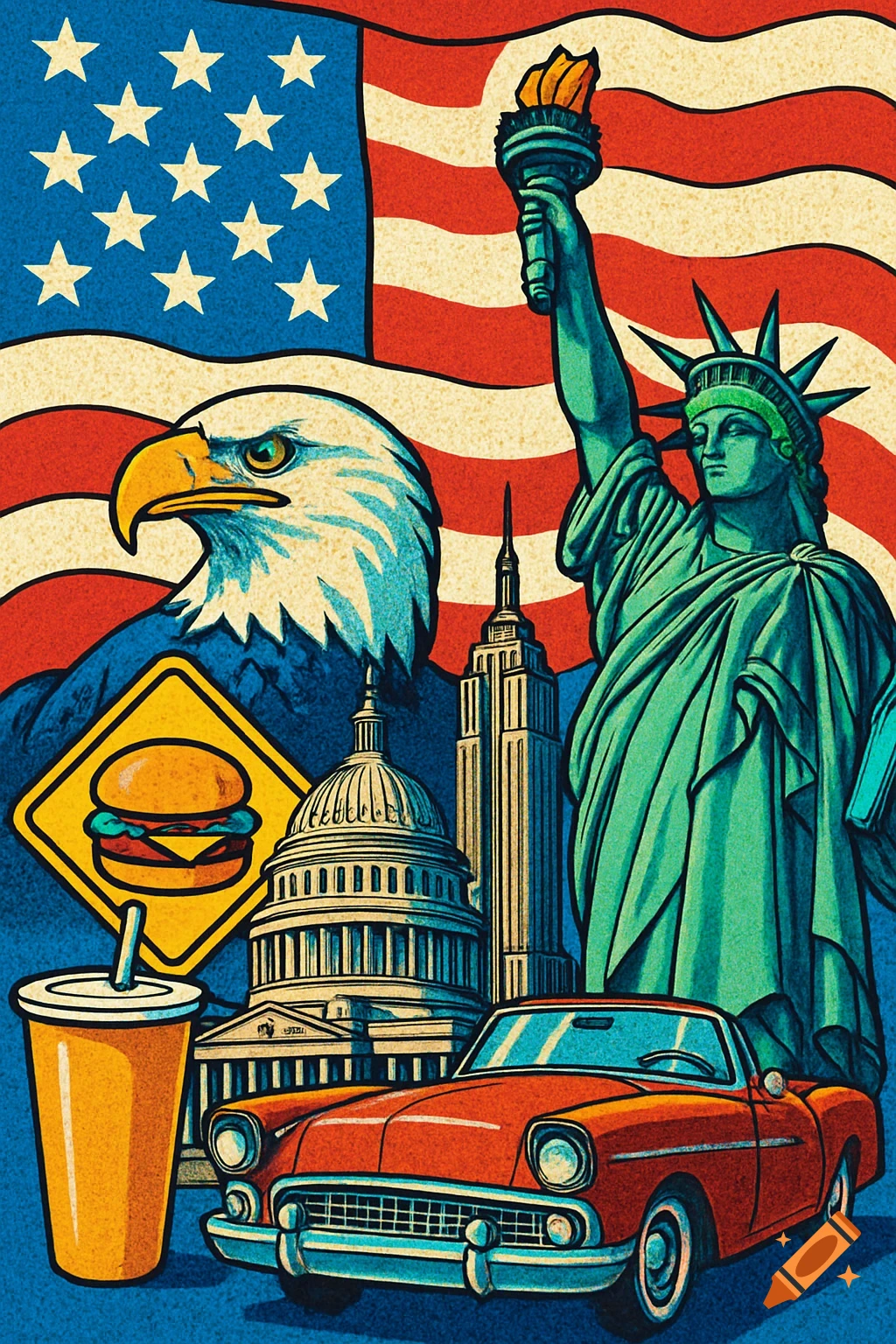 Vibrant pop art illustration of American icons: US flag, Statue of Liberty, bald eagle, Capitol Building, Empire State Building, vintage car, burger, and soda.