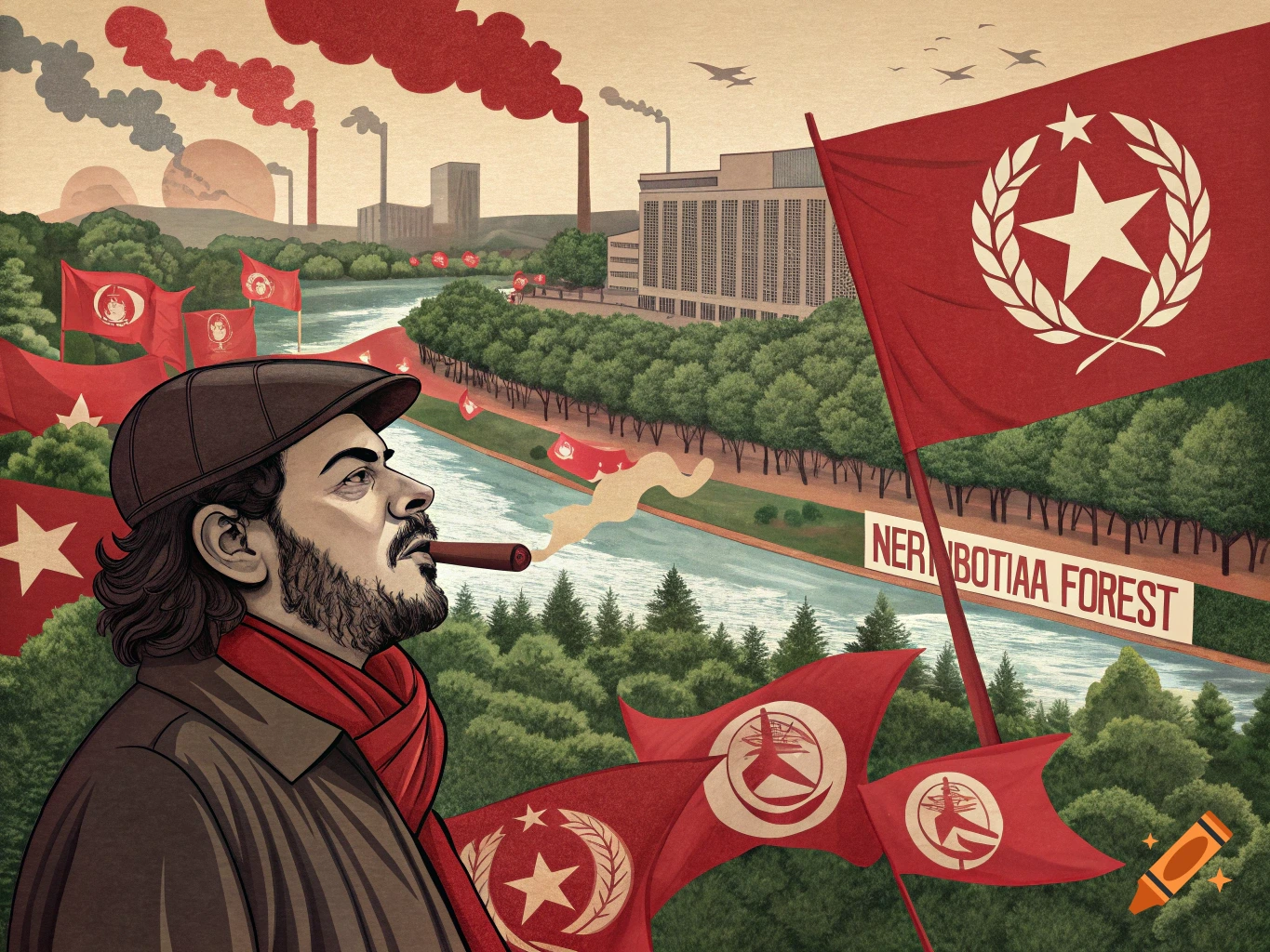Vintage poster of a man resembling Che Guevara smoking a cigar, with red flags, factories, and a river in the background.