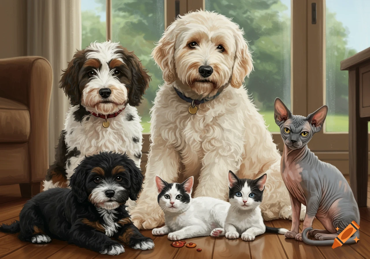 A Goldendoodle, a Bernedoodle, and a puppy sit on a wooden floor with a Sphynx cat and two kittens in a living room.