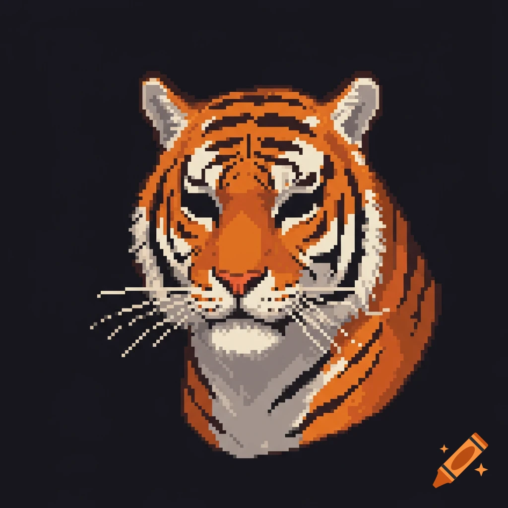 Pixel art portrait of a tiger's head with empty eye sockets on a dark background.