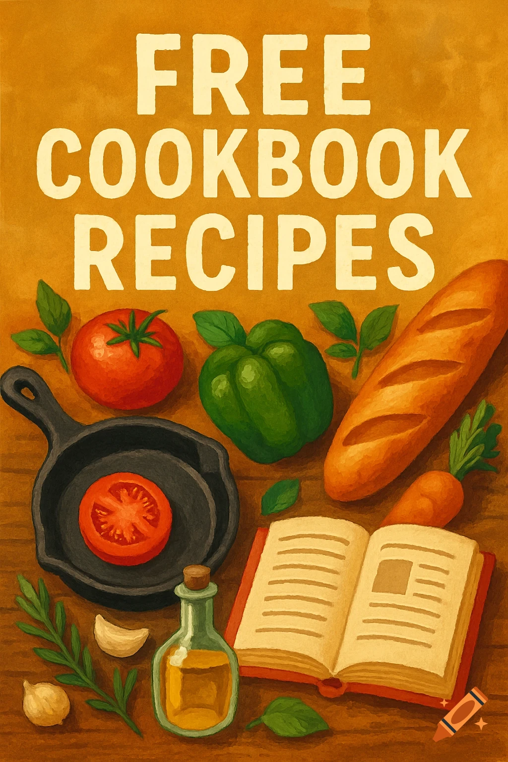 A painterly illustration of "FREE COOKBOOK RECIPES" text above cooking ingredients like a tomato, pepper, bread, and an open cookbook on a wooden surface.