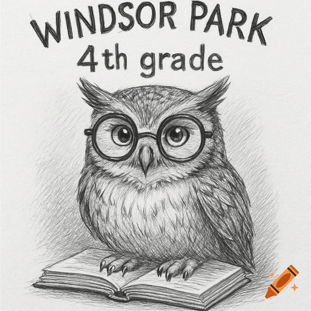 Black and white sketch of a studious owl with glasses sitting on an open book, with 'Windsor Park 4th grade' text above.