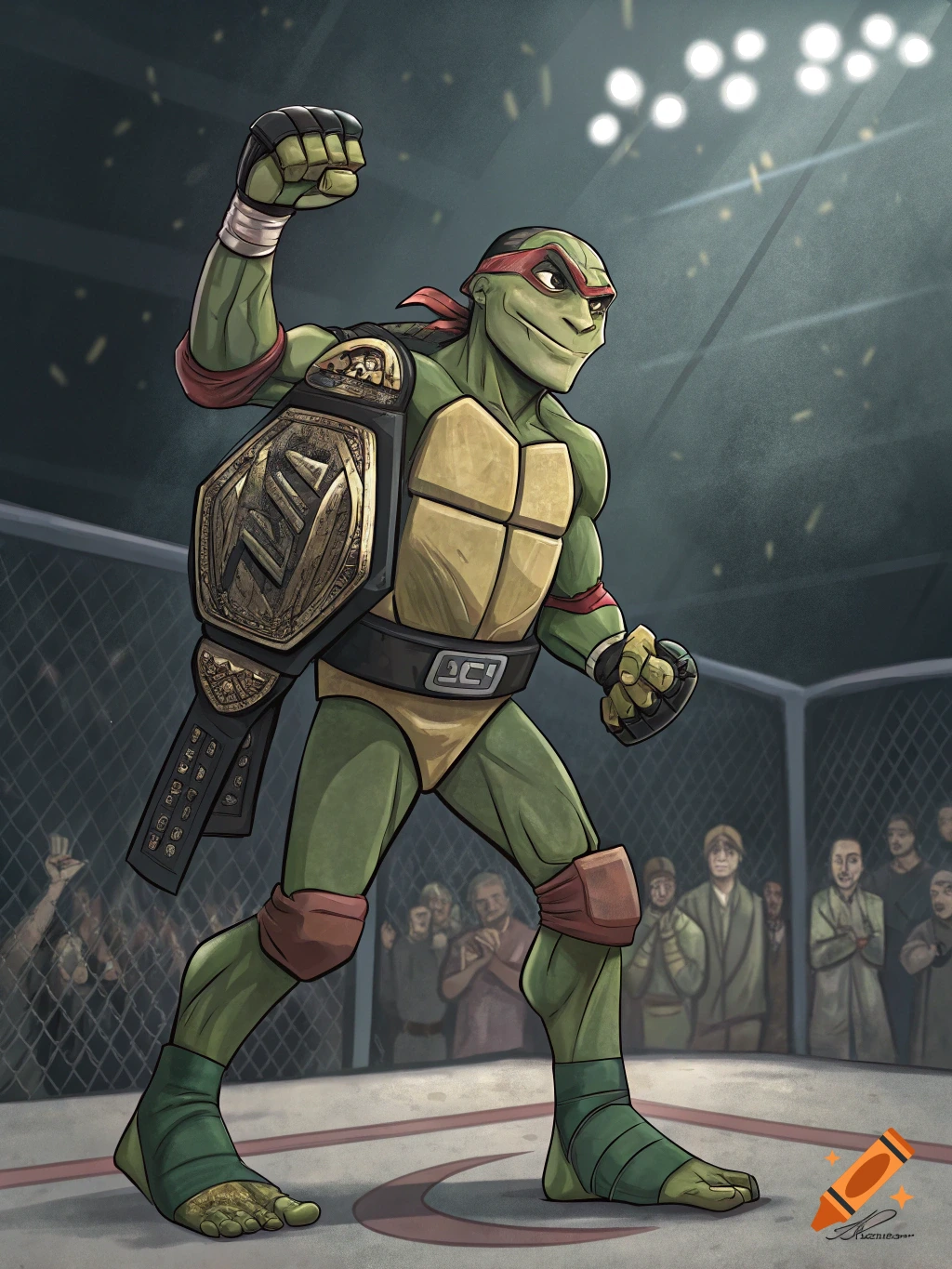 A Teenage Mutant Ninja Turtle, resembling Raphael, stands victorious in an MMA cage, wearing a championship belt. The art is in a comic book style.