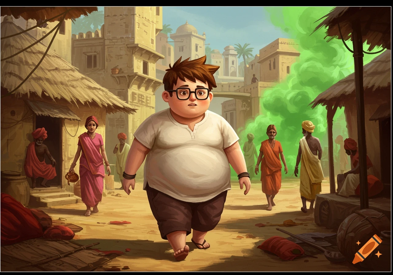 Illustrated scene of a fat boy with glasses walking through an Indian town with huts, people, and green gas in the air.