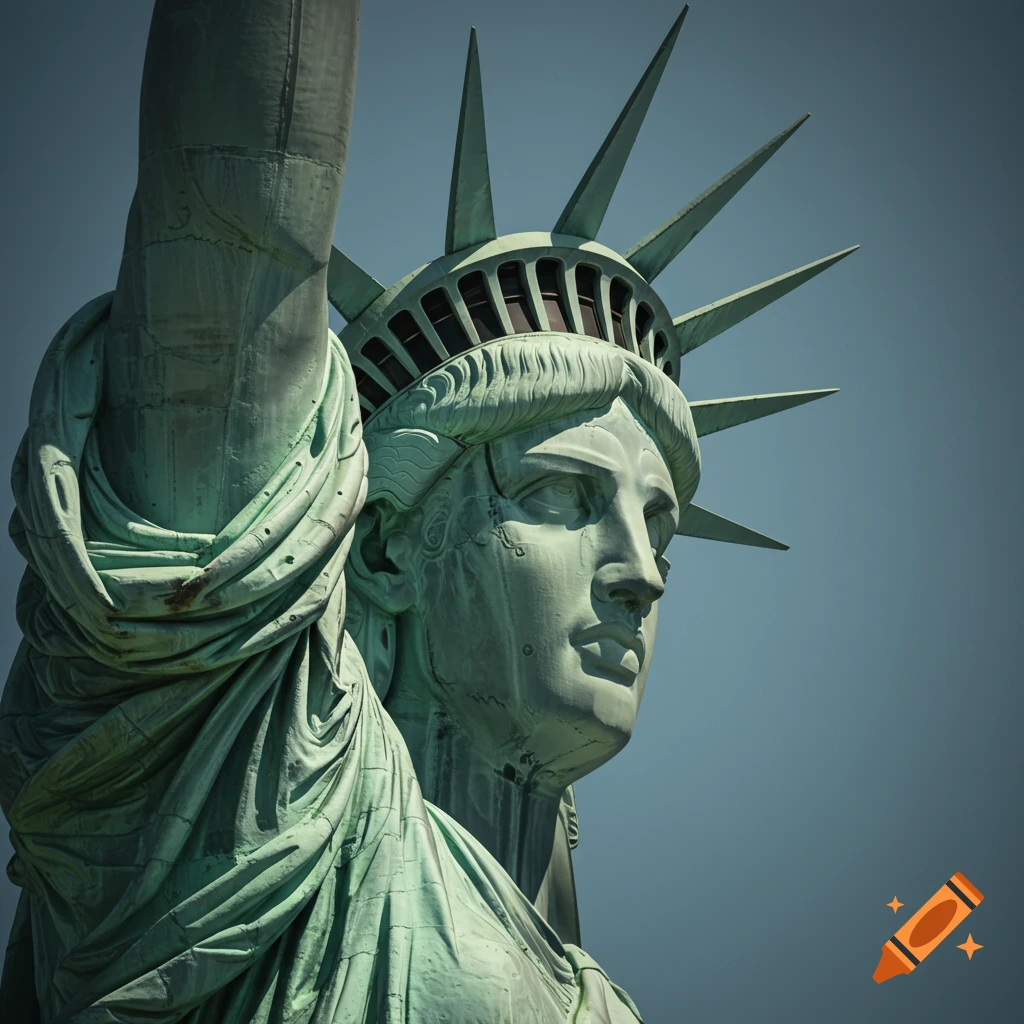Close-up photorealistic shot of the Statue of Liberty's weathered green head and draped arm, viewed from the left against a clear sky.