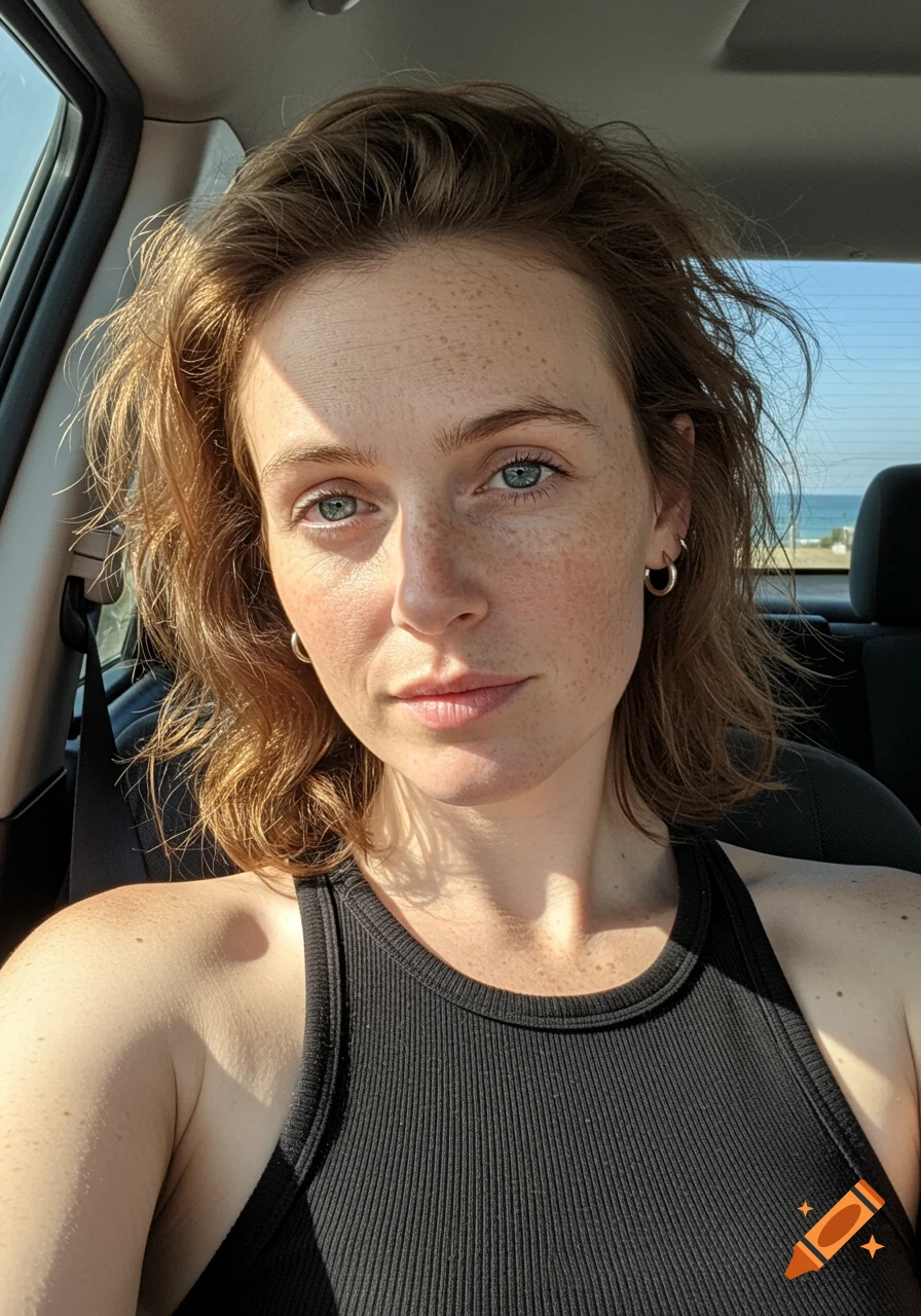 A freckled woman with messy brown hair and blue eyes takes a selfie in a car with a beach view outside.