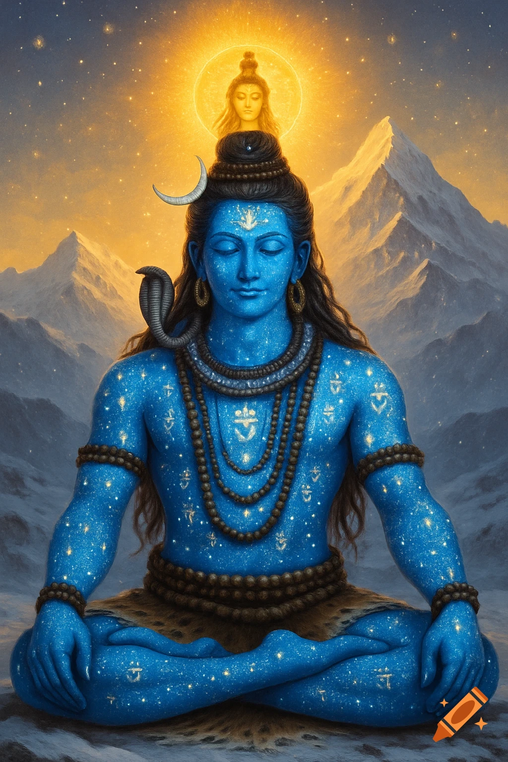 Lord Shiva, blue-skinned and adorned with sacred symbols, meditates serenely on a snowy mountain with a golden sky.