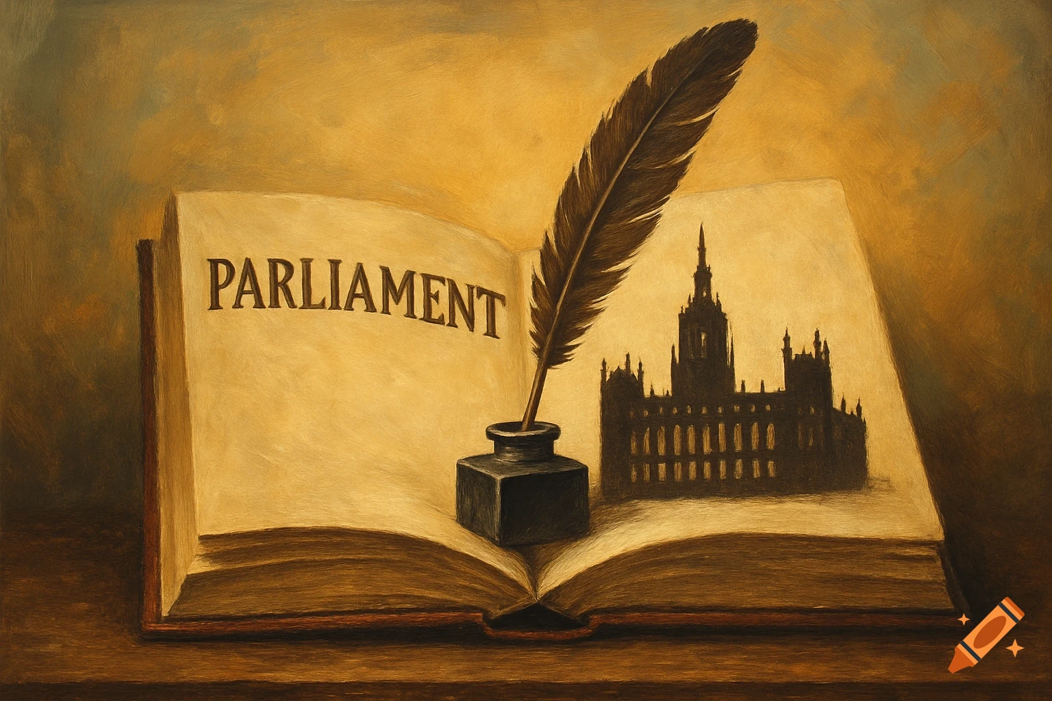 An old painting of an open book with the word 'PARLIAMENT' on one page, a quill in an inkwell, and a silhouette of a building on the other page.