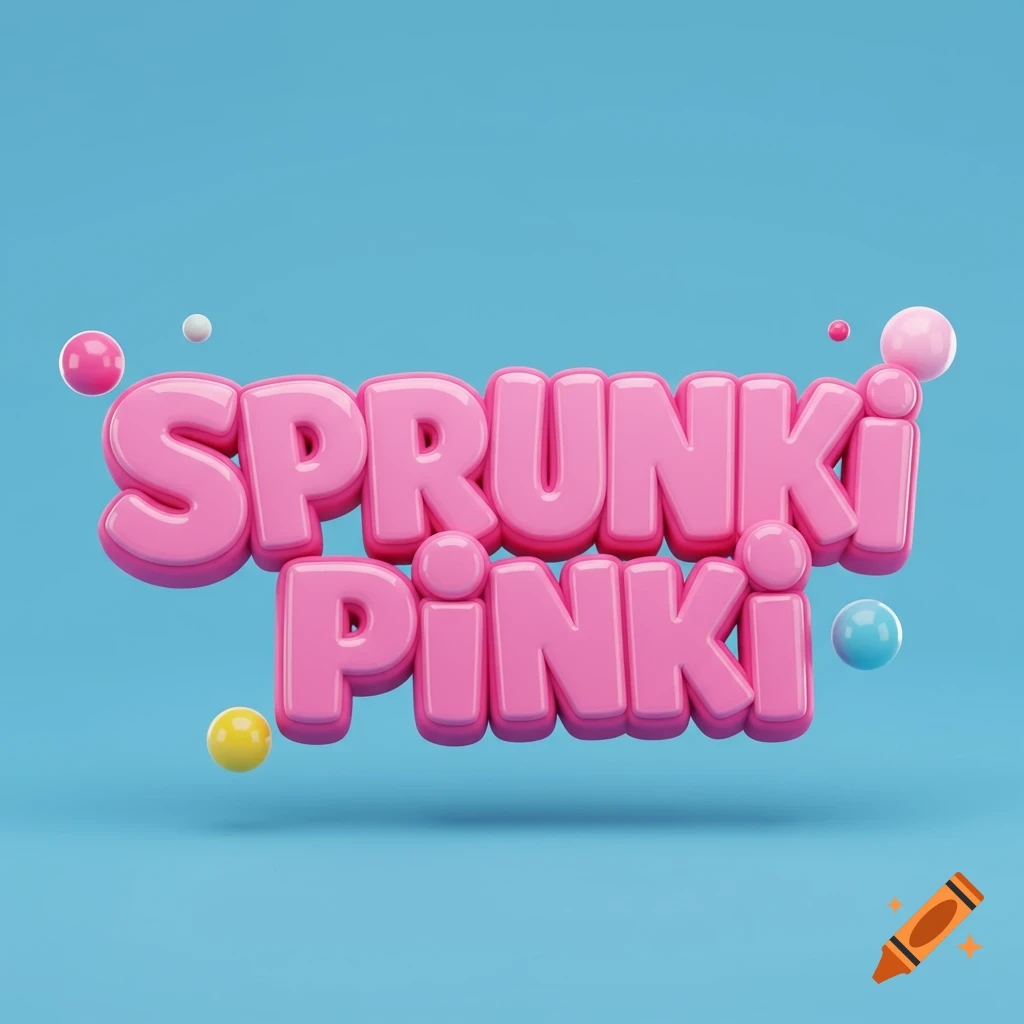 3D bubble letters spelling 'SPRUNKI PINKI' in shiny pink on a light blue background with floating colorful spheres.