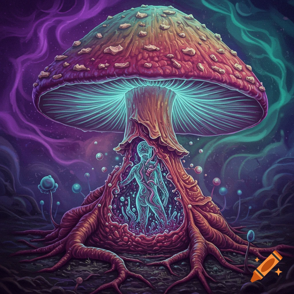 A vibrant psychedelic mushroom with glowing blue gills and roots enclosing an ethereal, glowing human figure in a dark, mystical forest setting.