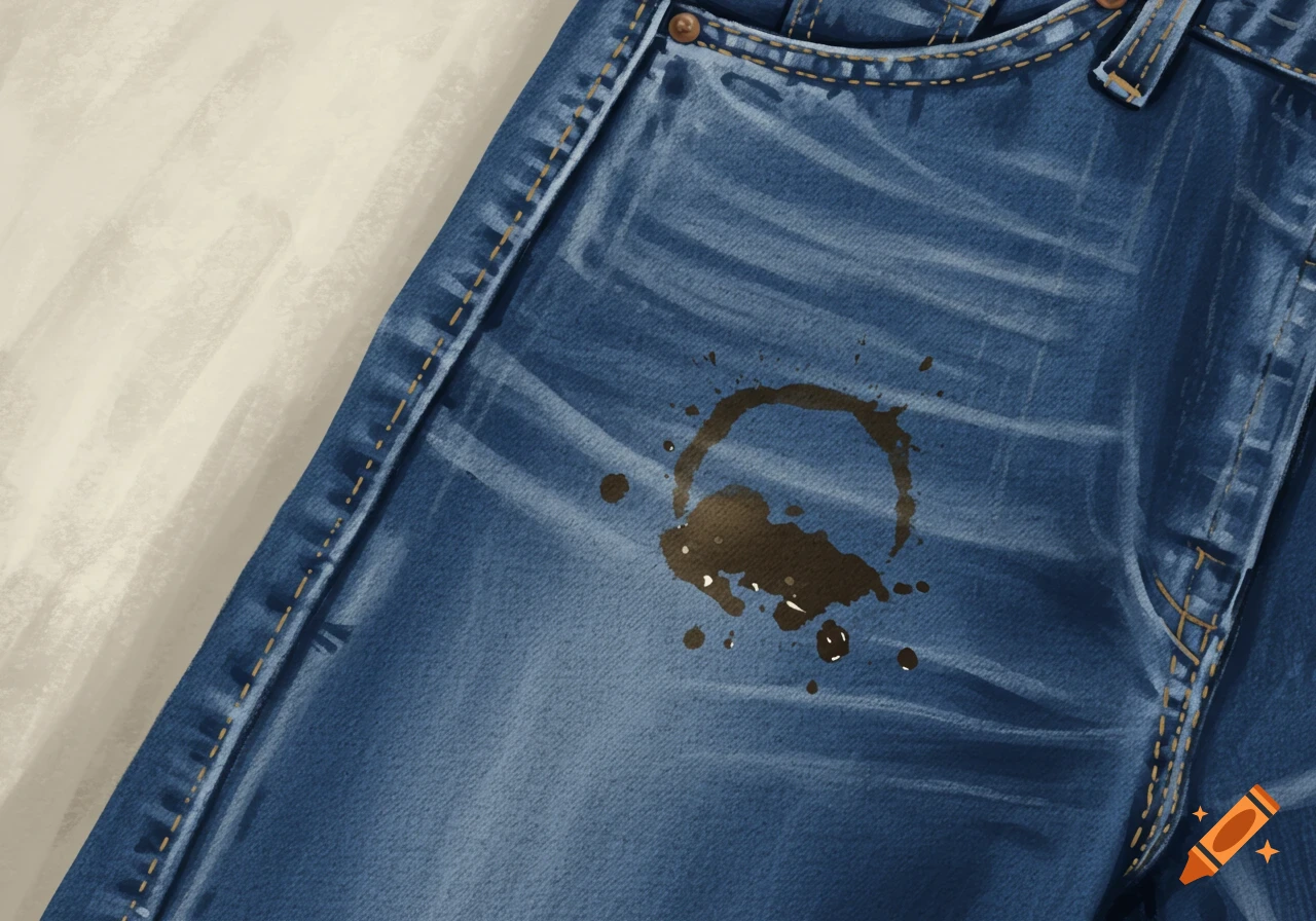 Close-up of blue jeans with a brown coffee stain on the front, rendered in a watercolor style.