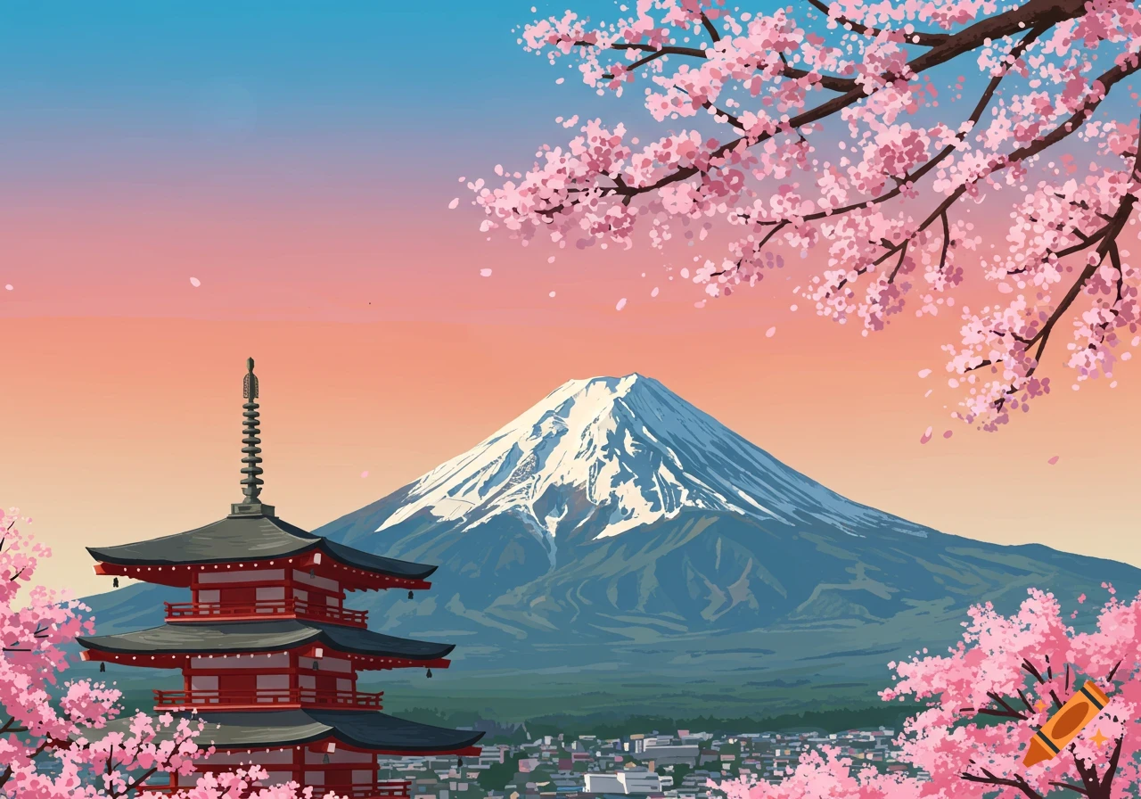 An artistic illustration of a red pagoda surrounded by cherry blossoms, with Mount Fuji in the background under a colorful sky.