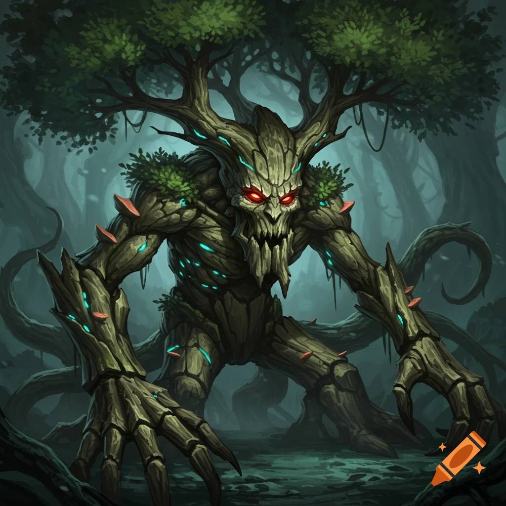 A menacing tree monster with glowing red eyes stands in a dark, misty forest, its body made of bark and branches.