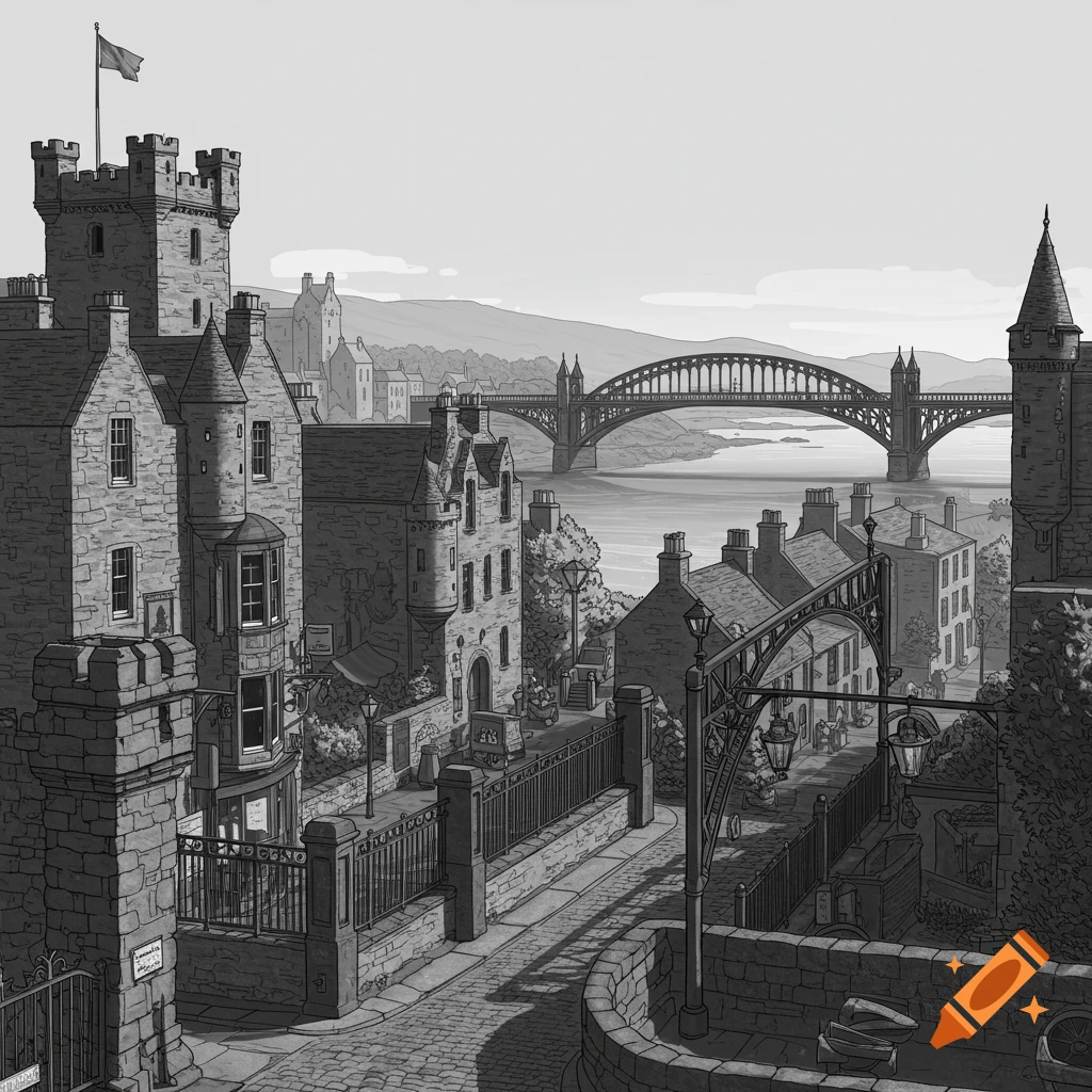 A detailed black and white illustration of historic Scottish buildings and a bridge over water.