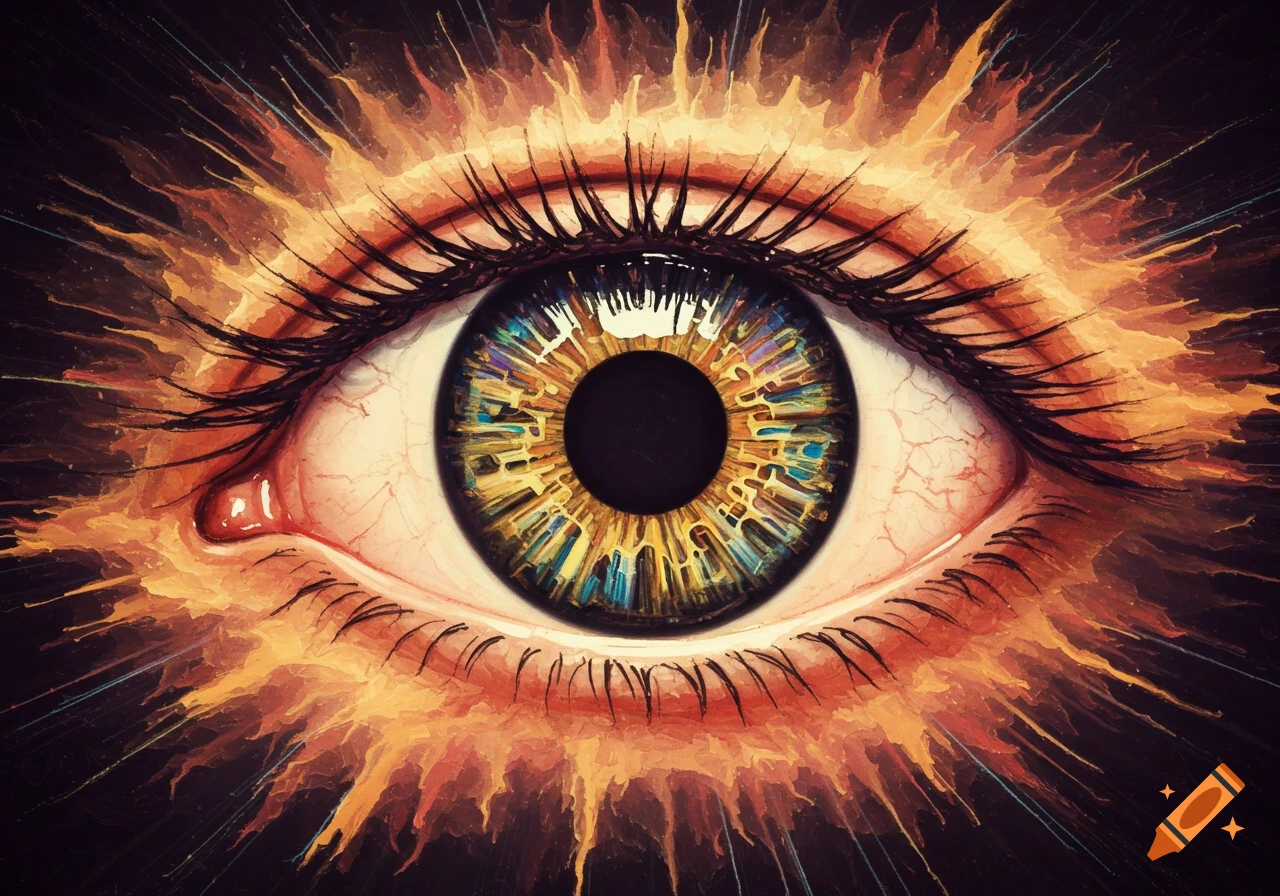 A close-up, abstract, and vibrant depiction of an eye with a glowing, fiery aura and a complex, colorful iris.
