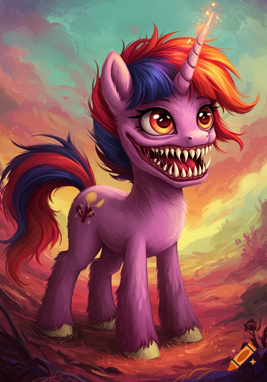 A stylized monster version of a purple My Little Pony with large eyes, sharp fangs, and colorful mane and tail stands in a vibrant, surreal landscape.