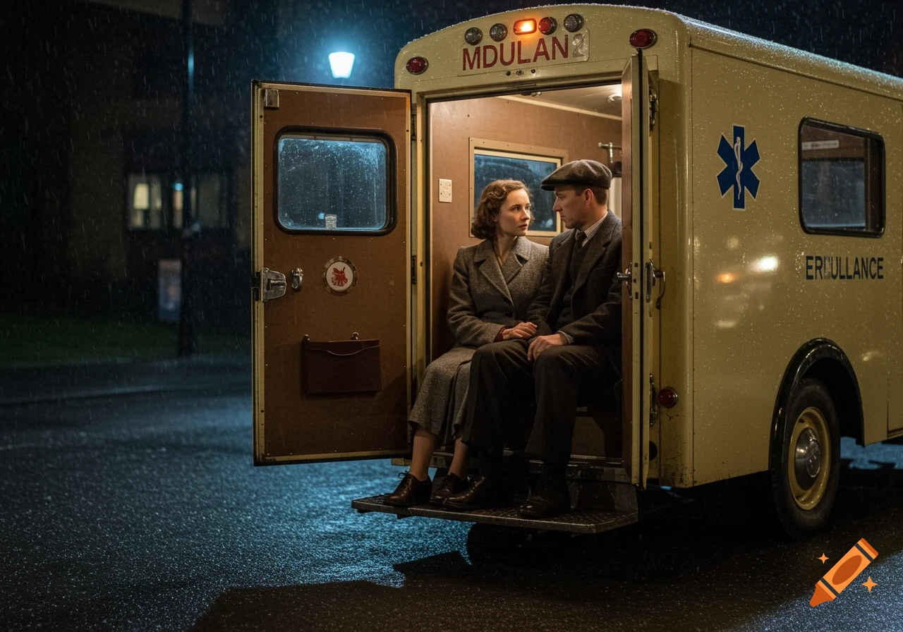 A man and a woman in 1940s attire sit in the back of an open ambulance on a rainy night, looking at each other.