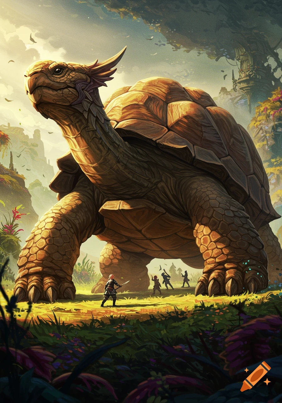A colossal horned tortoise stands over small figures in a vibrant fantasy landscape with distant structures, depicted in a detailed illustration.