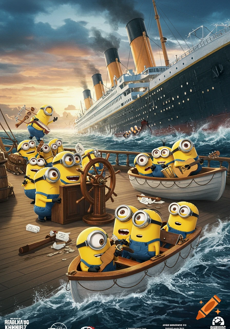 Minions on a large wooden deck in lifeboats, with the Titanic sinking in the background at sunset, a minion plays a banjo.