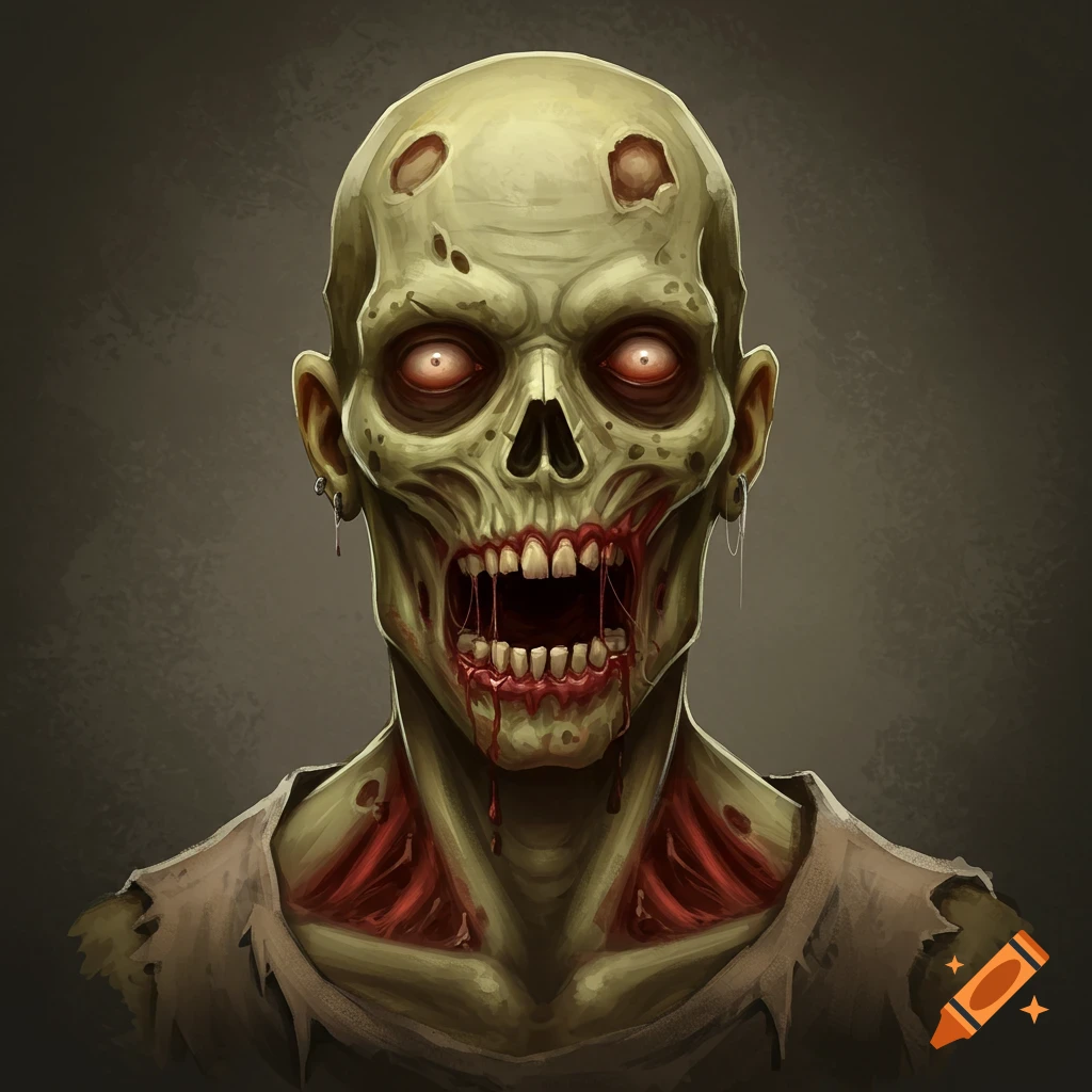 Stylized illustration of a zombie with glowing red eyes, decaying skin, and a broken jaw dripping blood.