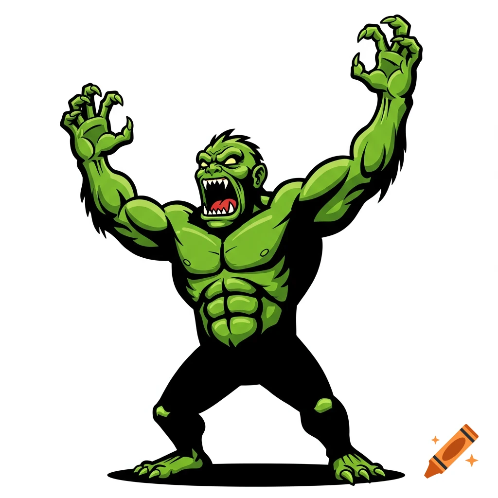 Green muscular monster roaring with arms raised, in a graphic art style on a white background.