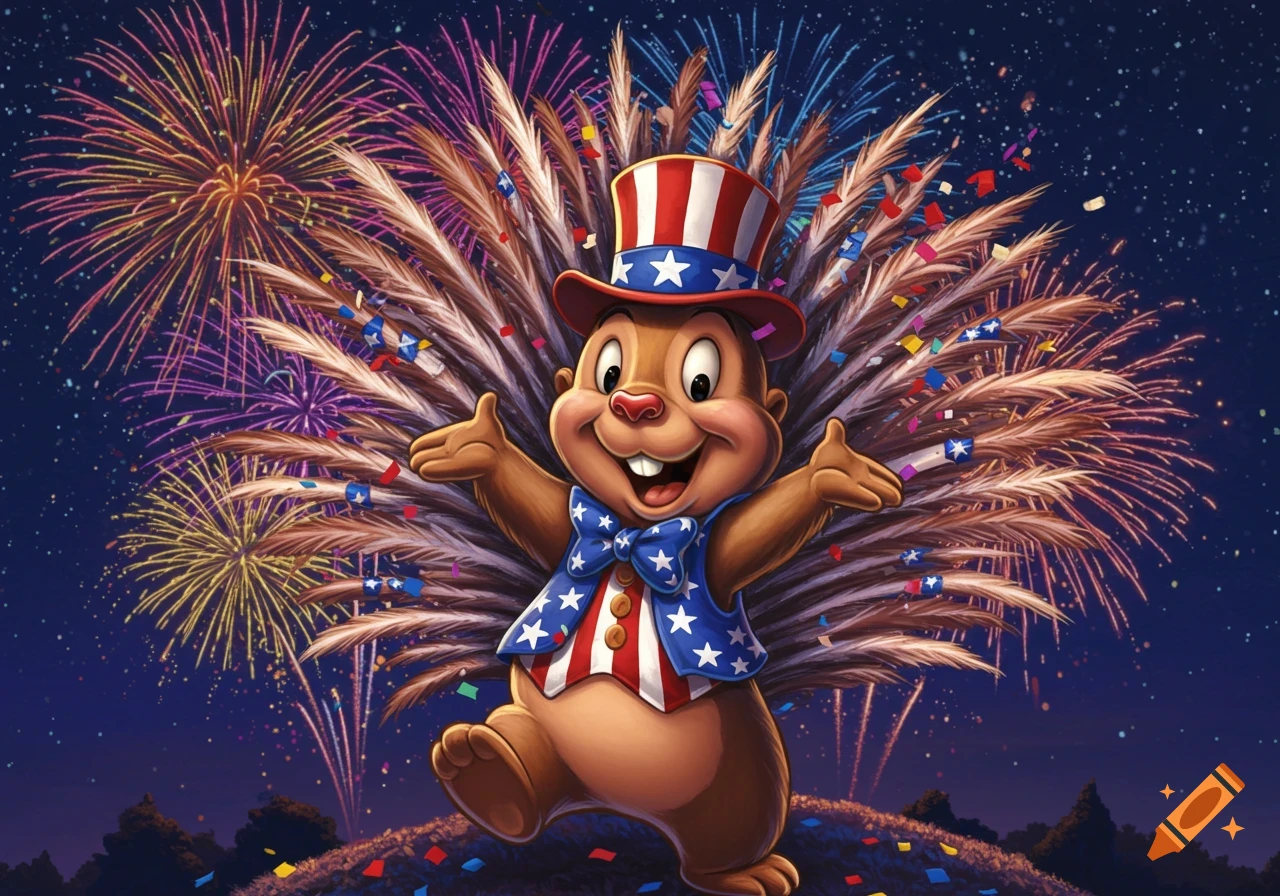 A happy cartoon groundhog in patriotic attire with an Uncle Sam hat dances as colorful fireworks explode behind him.