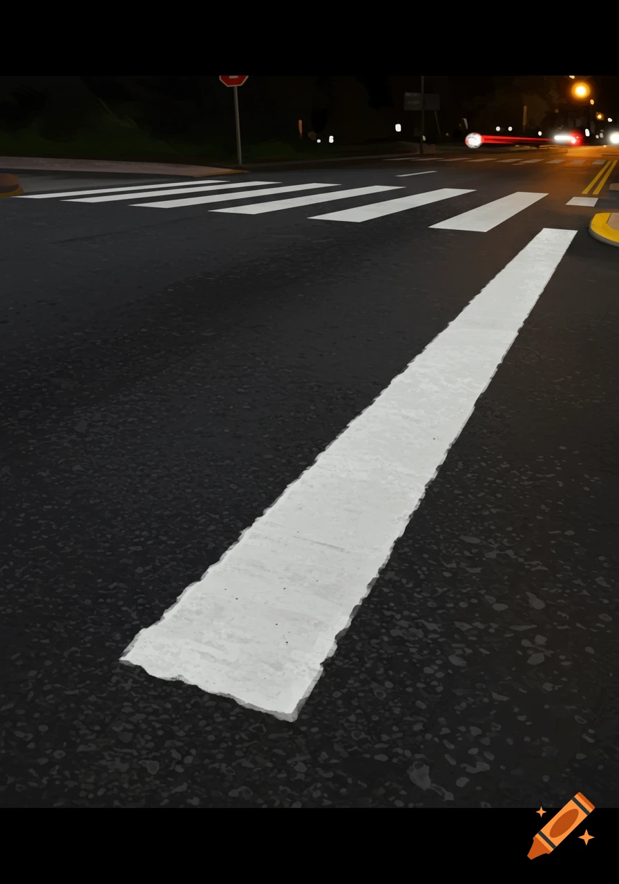 A dark street at night with a prominent white stop line, a crosswalk, and blurred distant lights.