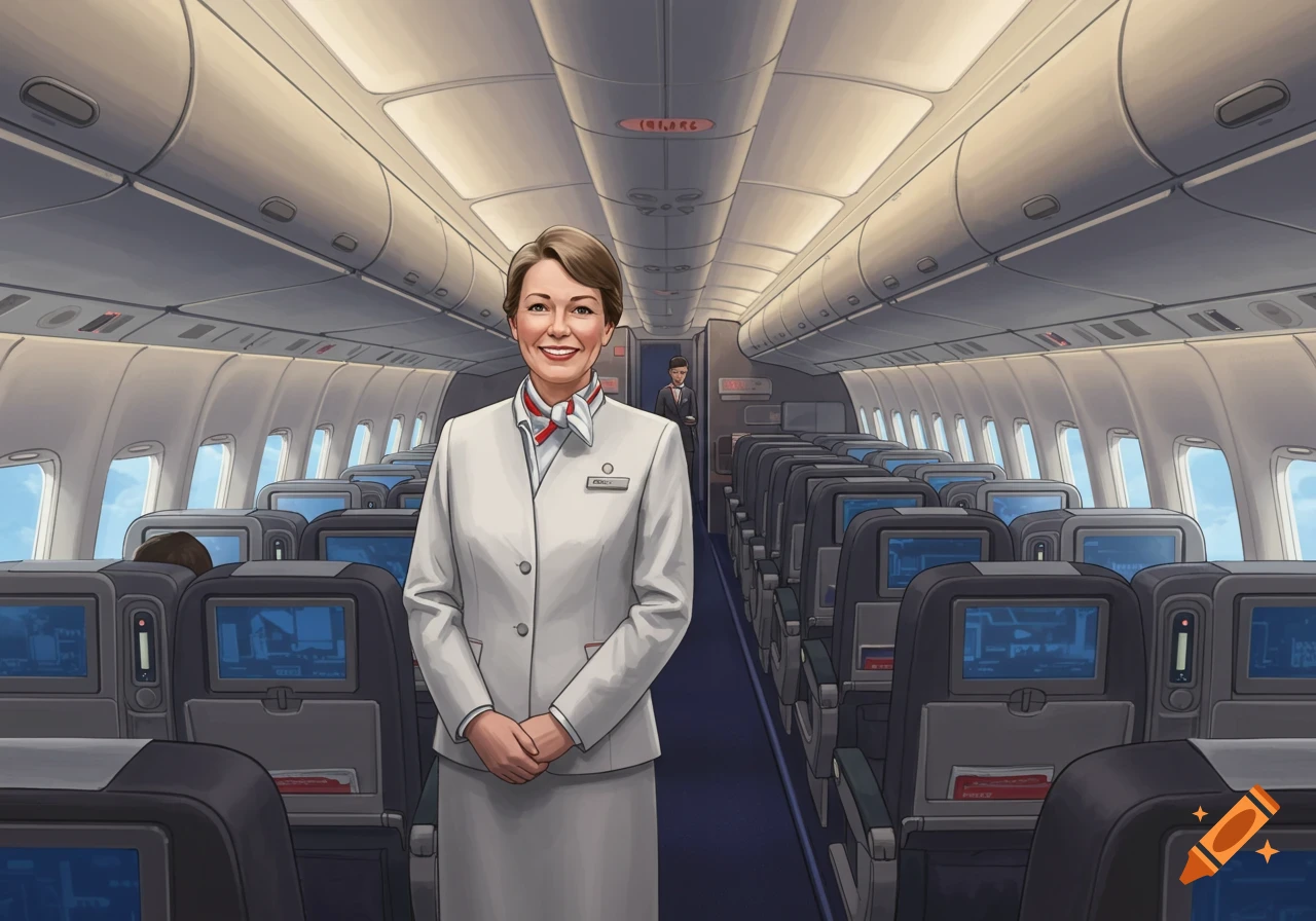 An animated illustration of a smiling female flight attendant in a light uniform standing in the aisle of an airplane cabin.