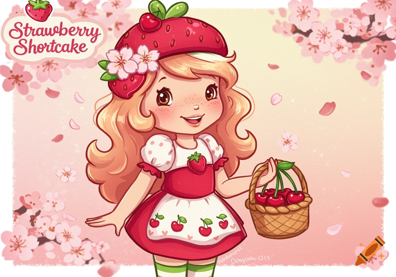 A 2D cartoon illustration of Strawberry Shortcake, a girl with blonde hair and freckles, wearing a red and white dress and a strawberry hat. She holds a basket of cherries, surrounded by pink cherry blossoms.
