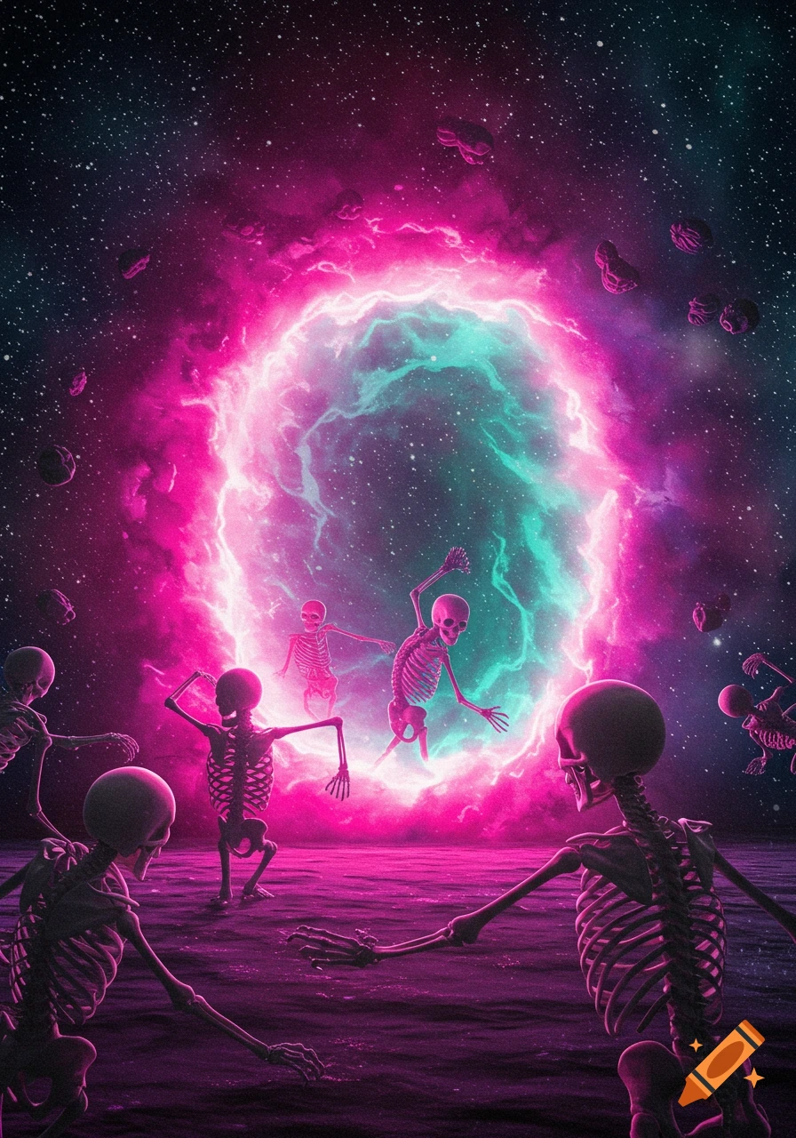 Vibrant image of skeletons dancing in a cosmic landscape towards a glowing pink and teal portal.