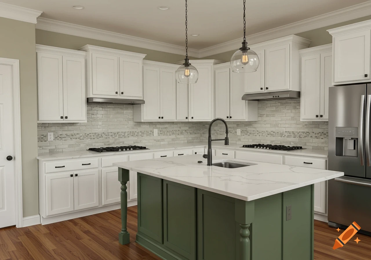 Modern kitchen with white cabinets, green island, quartz countertops, and a mosaic tile backsplash.