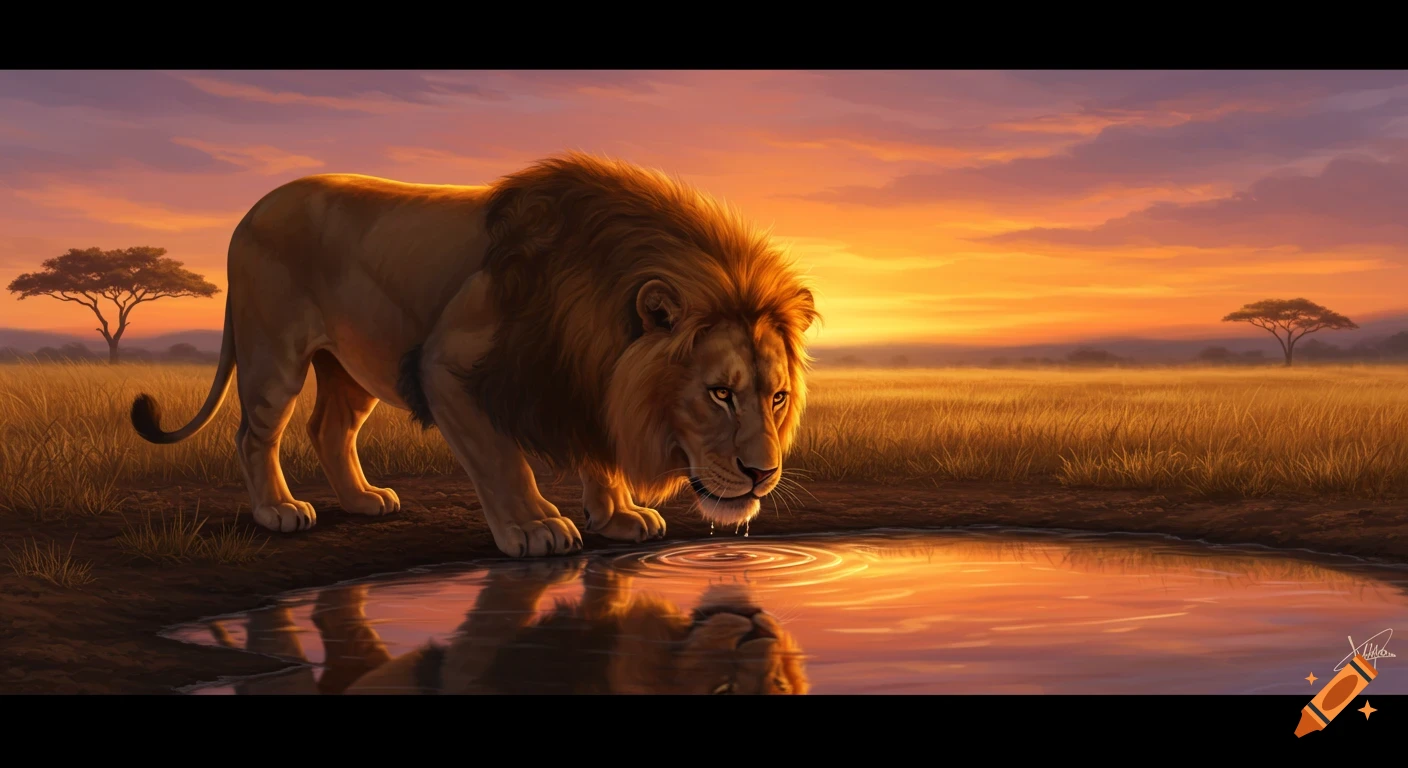 A majestic lion drinks water from a pond in the African savannah at sunset, with golden light reflecting on the water.