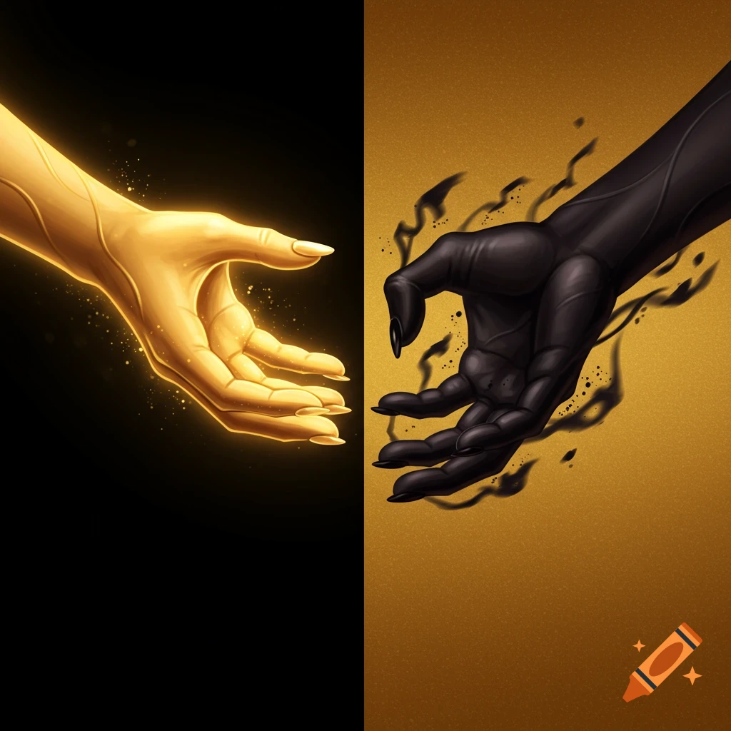 A golden glowing hand reaches from a black background towards a dark, shadowy hand on a golden background.