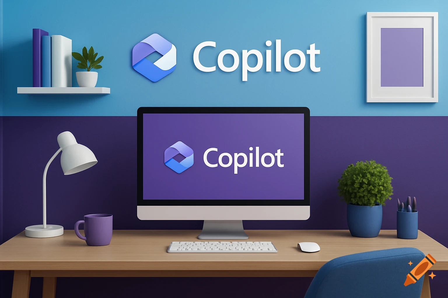 A modern home office setup with a computer displaying the Copilot logo, against a blue and purple wall with the Copilot logo.