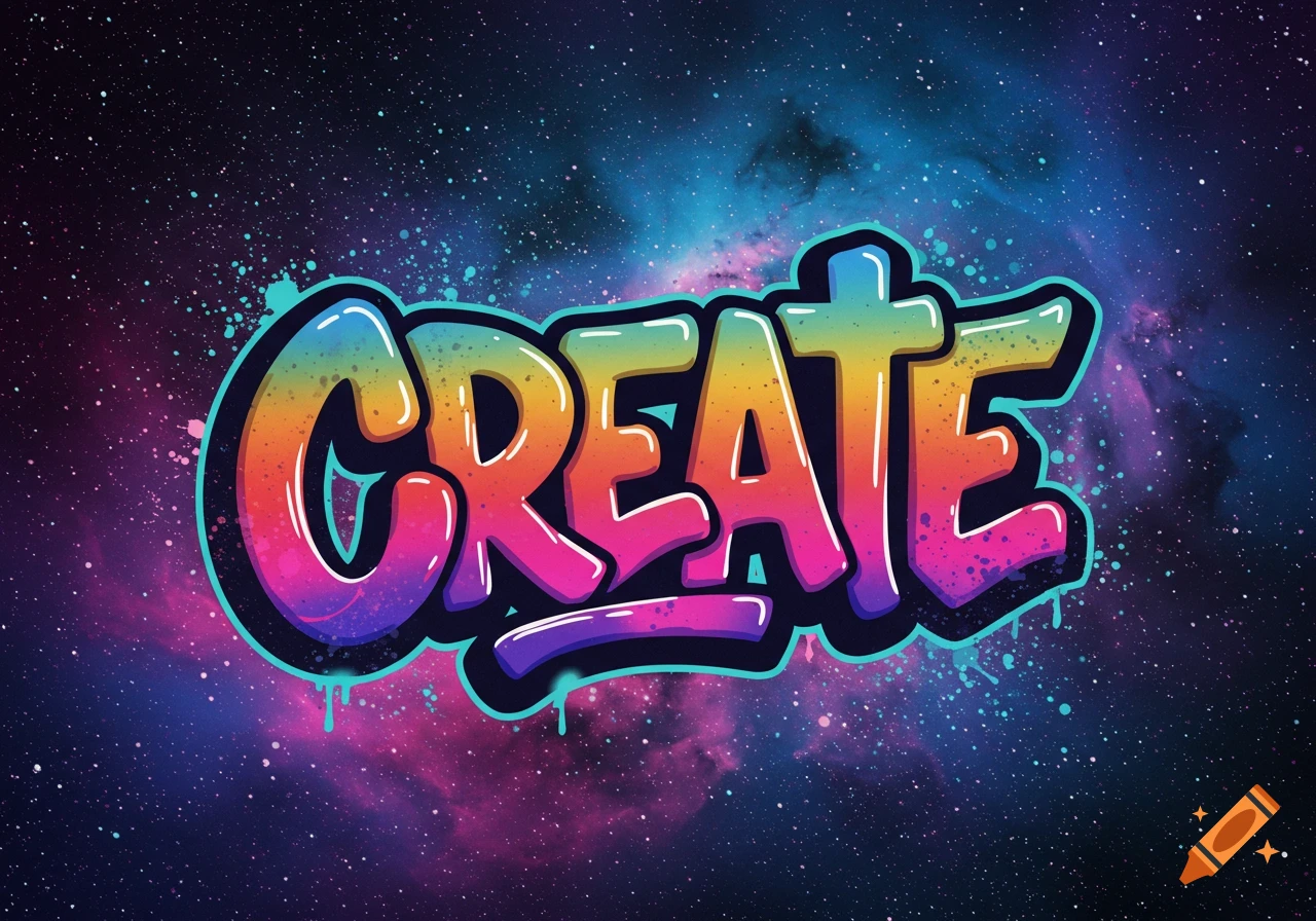 Colorful graffiti-style text "CREATE" against a starry galaxy background with paint splatters.