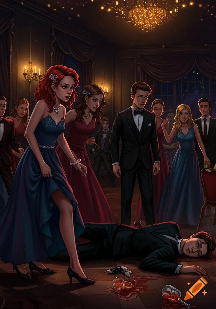 An illustration of people in formal attire at a grand hall, reacting with shock to a person collapsed on the floor.