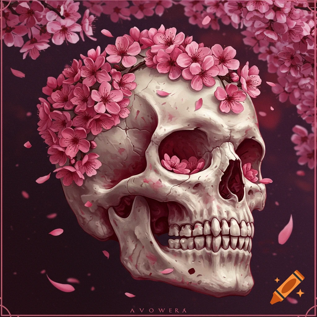A detailed stylized human skull adorned with pink cherry blossoms and falling petals against a dark background.