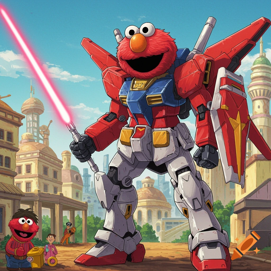 Anime illustration of a giant Elmo-themed Gundam holding a red lightsaber, with a small Elmo and children in a street below.
