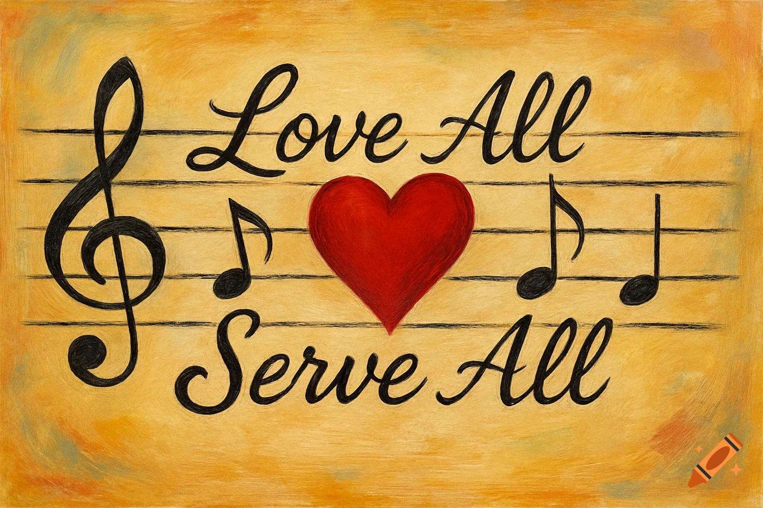 Painted image of a musical staff with a treble clef, notes, a red heart, and the phrase 'Love All Serve All' in black cursive.