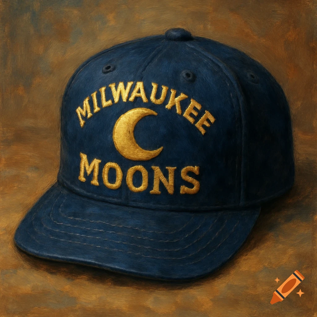 A dark blue baseball cap with gold embroidered text 'MILWAUKEE MOONS' and a crescent moon, in a painterly style.