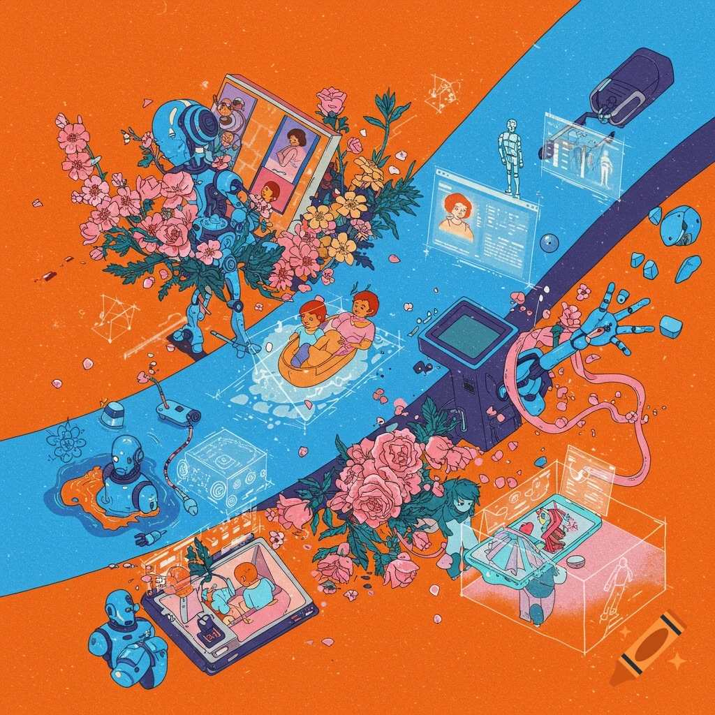 Isometric illustration of robots, humans, and flowers interacting with technology and holographic displays on an orange and blue background.