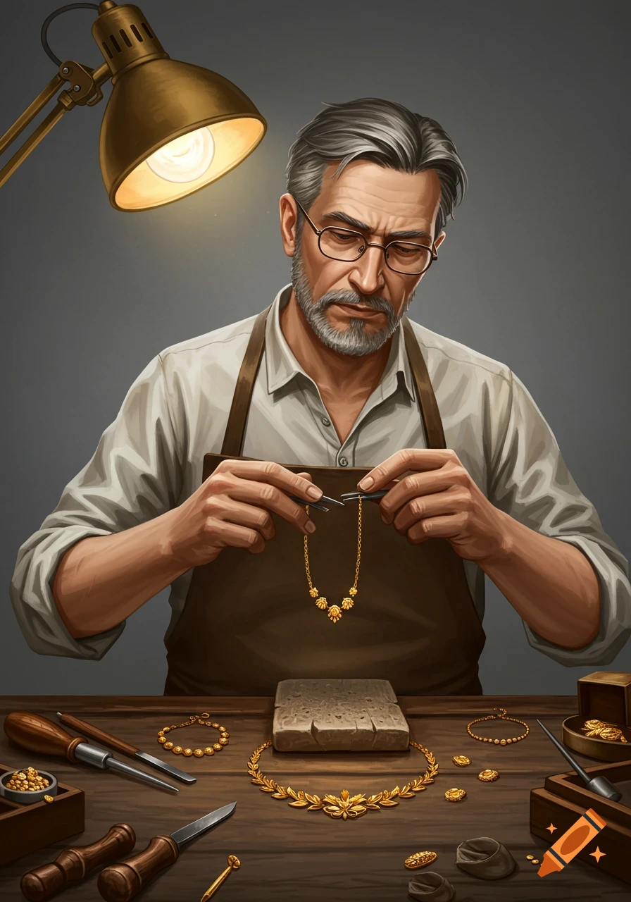 A detailed illustration of a skilled goldsmith meticulously working on gold jewelry at a wooden workbench under a bright lamp.