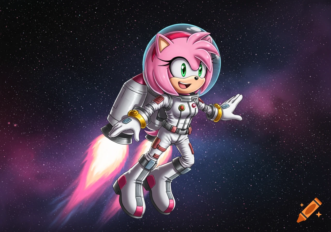 Amy Rose from Sonic the Hedgehog flying in a white astronaut suit with a jetpack through a starry galaxy.