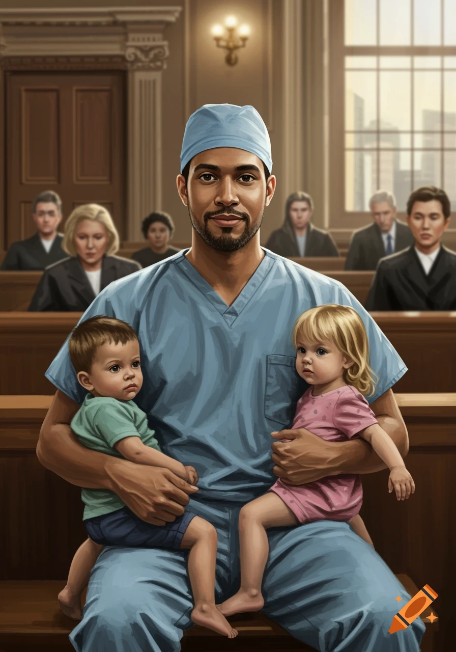 A man in medical scrubs and a scrub hat holds two children in a courtroom, with observers behind him. Digital art.