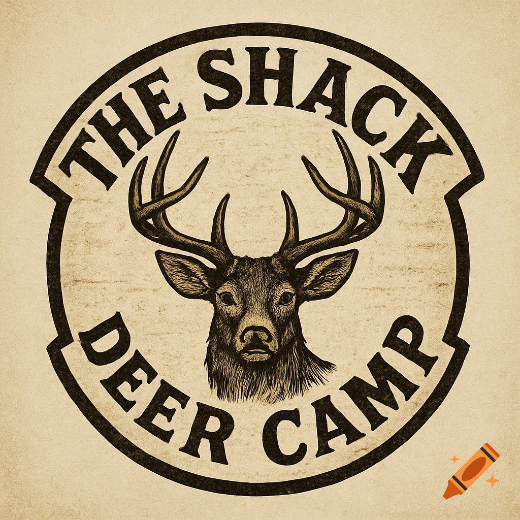 A vintage-style circular logo for 'The Shack Deer Camp' with a detailed illustration of a deer head at the center.