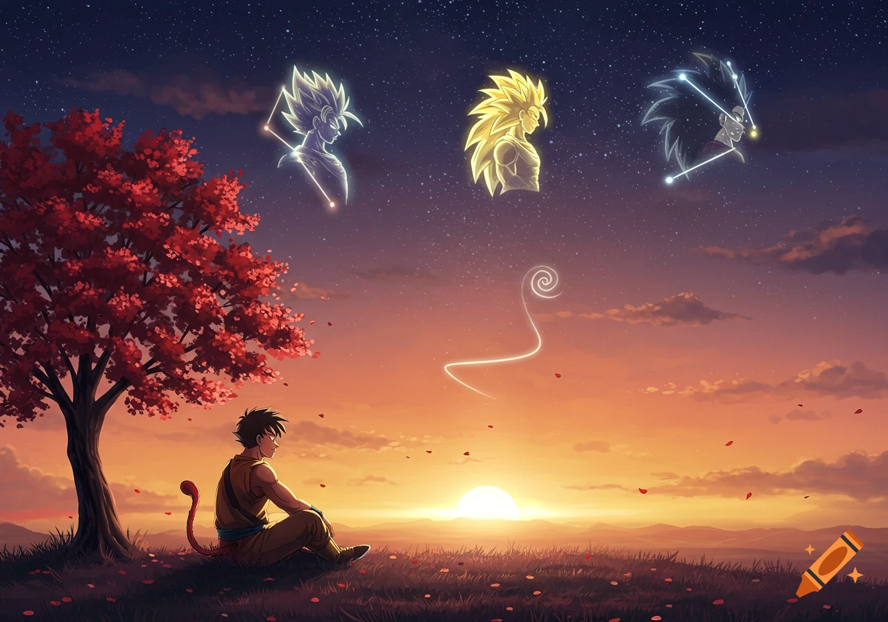 Anime-style warrior resembling Goku sits under a red-leaf tree at sunset with Super Saiyan constellations in the night sky.