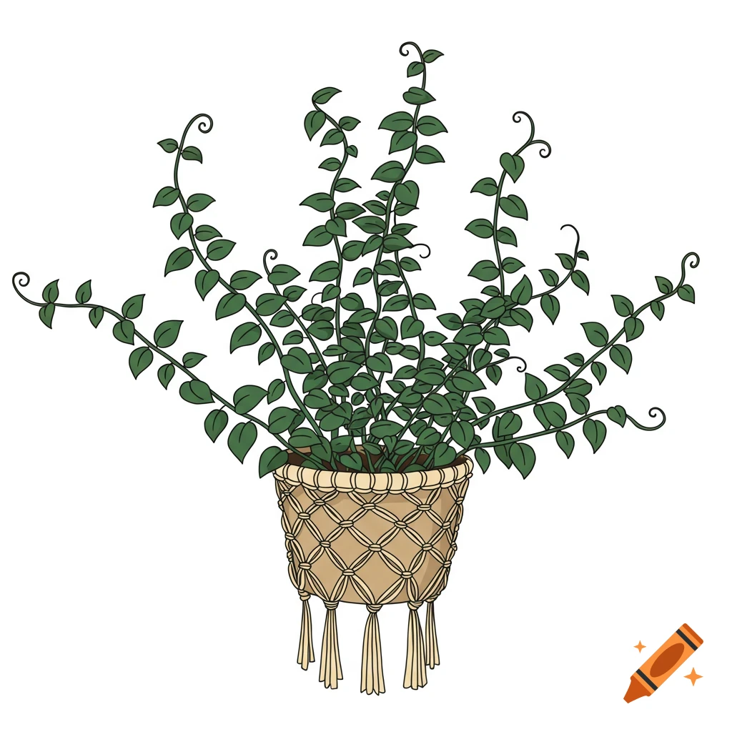 An illustration of a green vine plant in a macrame pot hanger.
